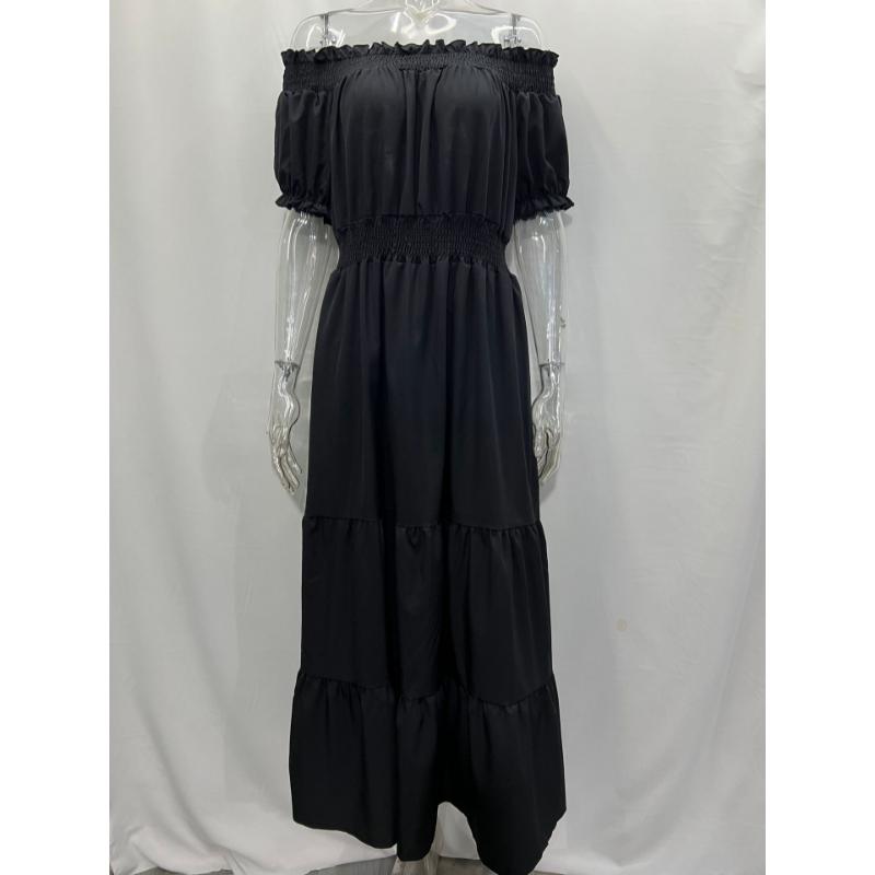 Off Shoulder Maxi Dress Short Sleeve Smocked Elastic High Waist Tiered Ruffle Flowy A-Line Casual Beach Vacation Daily Wear Solid Color Long Dress