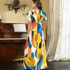Women Plus Size V Neck Short Sleeve Geometric Printed Casual Long Dress