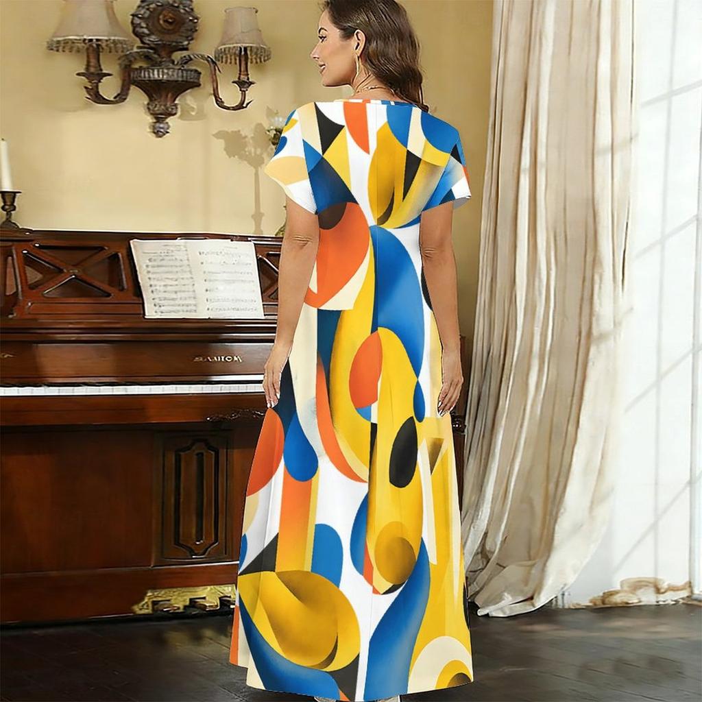 Women Plus Size V Neck Short Sleeve Geometric Printed Casual Long Dress