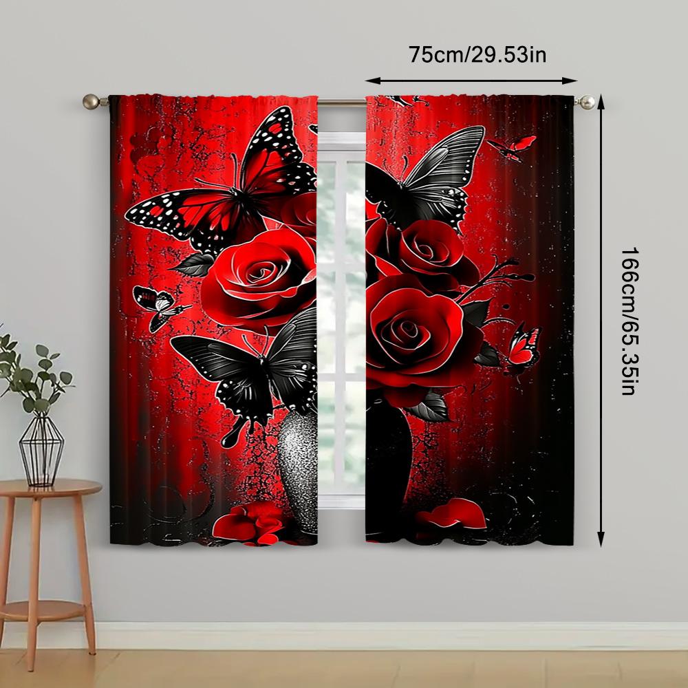Perdele Moderne 2 Buc. Imprimeu Trandafir Roșu și Fluture Pentru Dormitor Birou Adaugă o Notă de Eleganță și Mister Interiorului_ai9