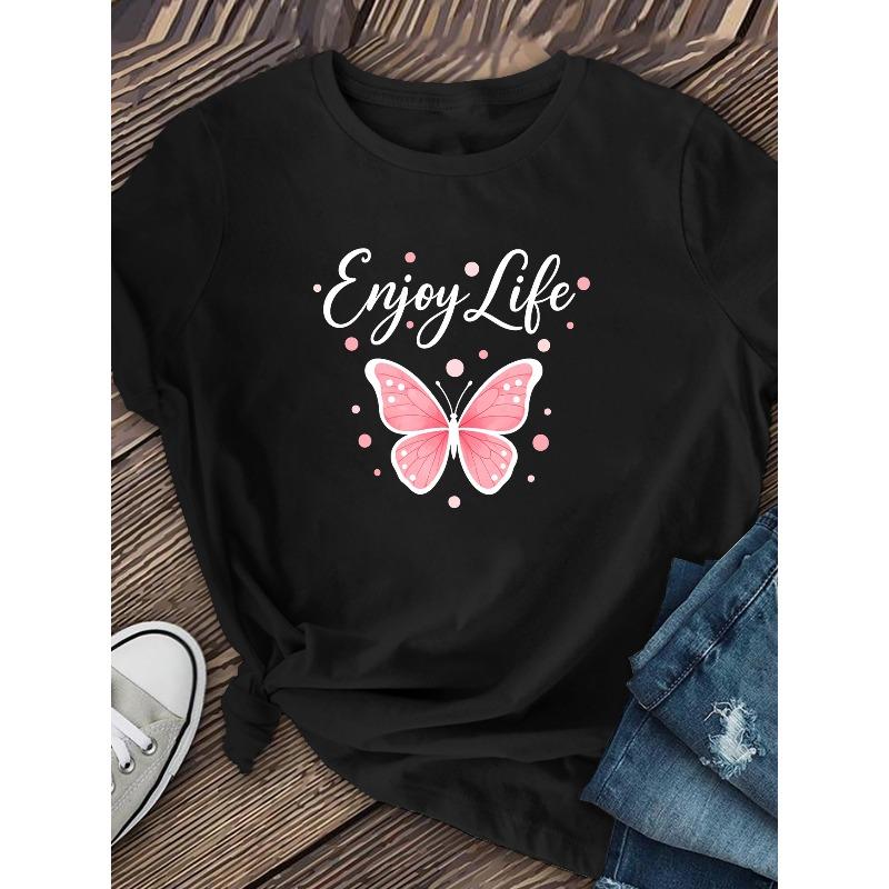 Women "Enjoy Life" Butterfly Print T-Shirt Round Neck Short Sleeve Casual Summer Daily Versatile Top