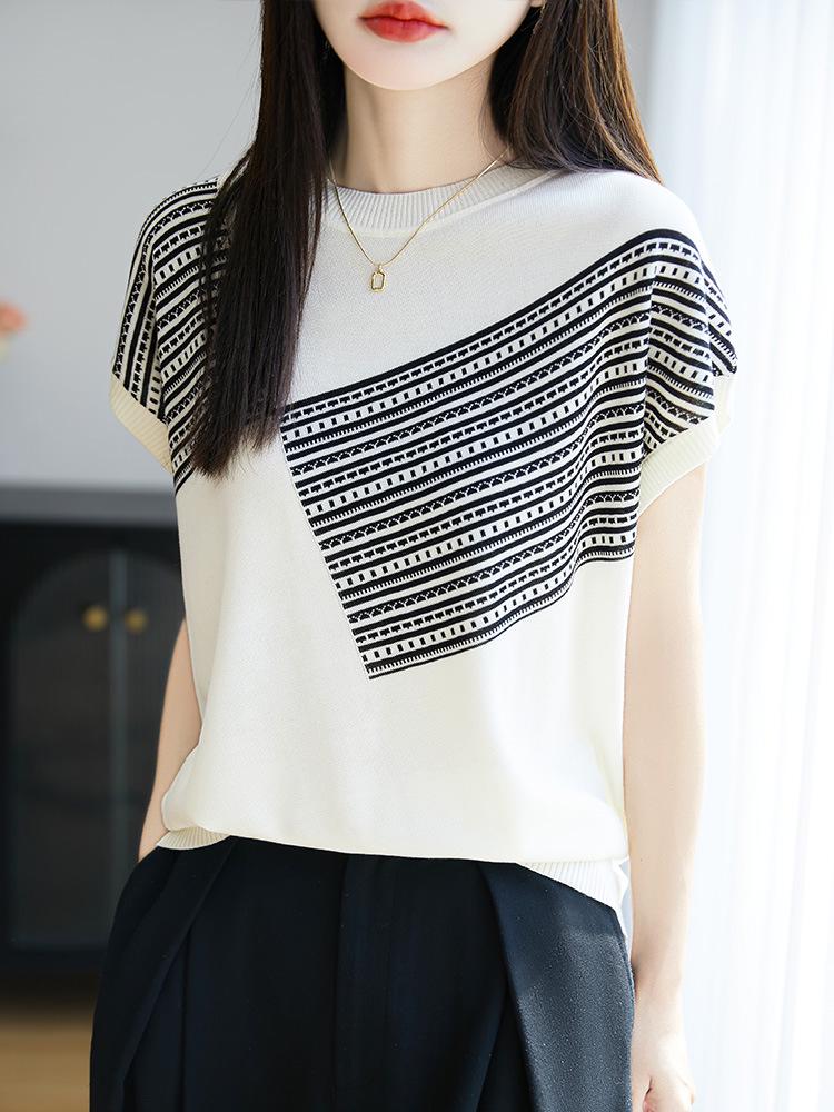 

Топ из трикотажа тенсел с цветными блоками и рукавами-крылышками: Женская футболка с круглым вырезом, приталенная, повседневная и универсальная XL бежевый