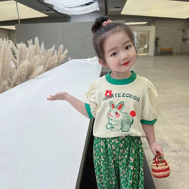 Girls Clothing Set Summer Korean Children Set Girls Stripe Knitted Short Sleeve+Red Wide Leg Pants 2 Sets