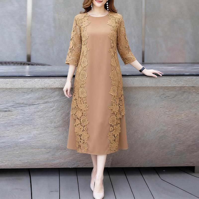 

ZANZEA Женское повседневное платье с круглым вырезом, рукавом 3/4 и кружевной вставкой M