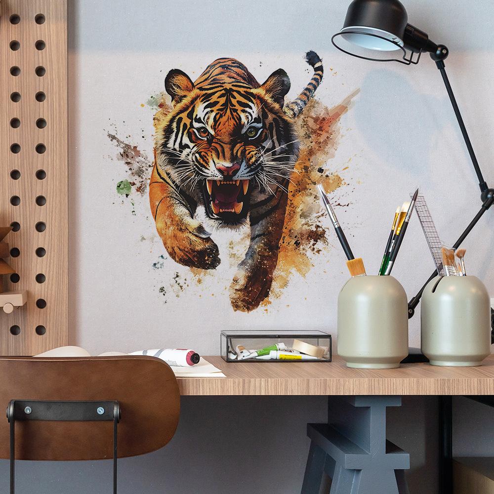 Realistic Hunting Tiger Predator Wall Sticker Wild Fierce Self-Adhesive Wall Art for Bedroom Living Room Man Cave Background Decor