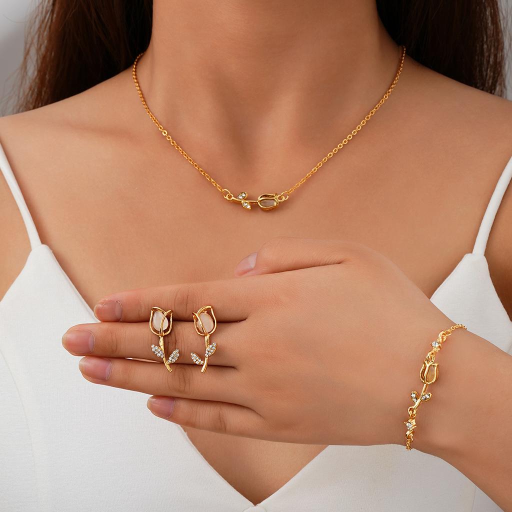 Fashion Crystal Tulip Flower Earrings Necklace Jewelry Botanical Set for Female Girls Charm Party Jewelry Birthday Fine Gift