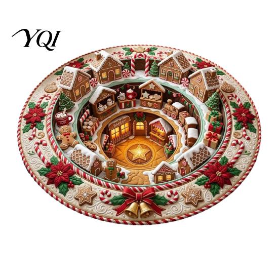 Holiday Party Home Decoration Round Christmas 3D Rug, Optical Illusion Area Santa Claus Gnome Quilted-Like Anti Slip Living Room Rug Anti-slip