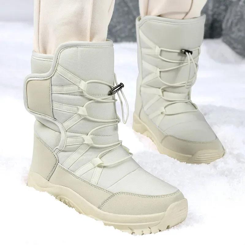 Fashion New Winter Women Boots Warm Plush Mid-Calf Women's Snow Boots Lace-up Outdoor Waterproof Hiking Boots Femme Size 42
