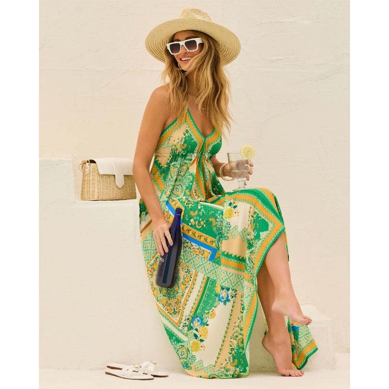 Summer off-shoulder V-neck women's suspender printed long dress for women