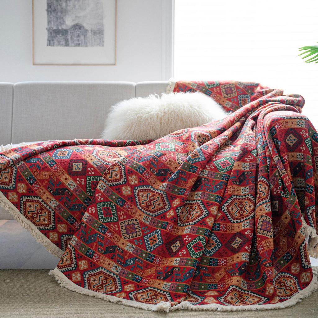 One-Piece Sofa Towel Anti-Cat Scratch Red Festive Ethnic Style Jacquard Thick Retro