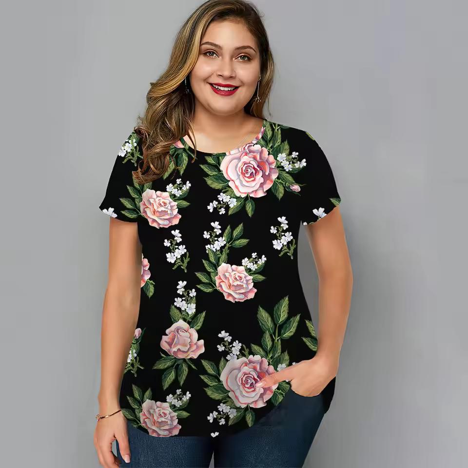 

Summer O Neck Womens T-Shirt Oversized Clothes Harajuku Casual Loose Tops Floral Print Funny T Shirts Ladies Pullover Street XS