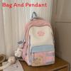 Blocked Cute Color Large Capacity Student Backpack With Pendant For Teens