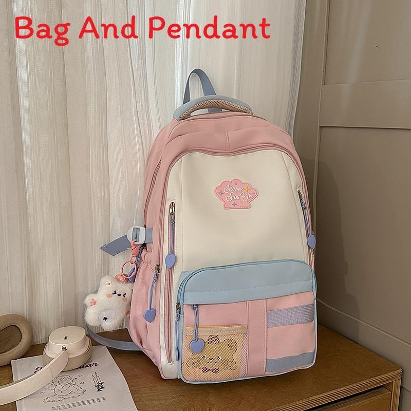 Blocked Cute Color Large Capacity Student Backpack With Pendant For Teens