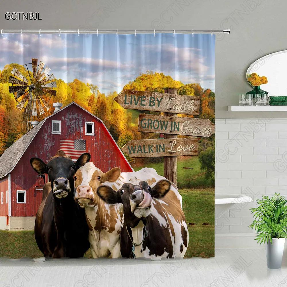 Funny Highland Bull Shower Curtains Set Western Bull Portrait Brown Wood Panel Rustic Landscape Barn Bath Curtain Bathroom Decor
