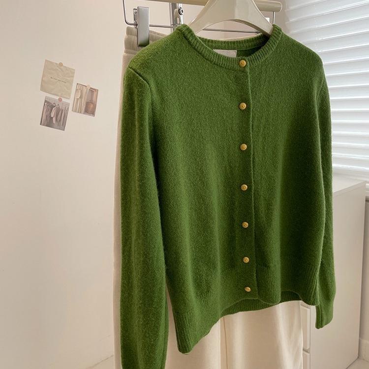 Whitening Raspberry Pink Gold Button Knit Cardigan - Women's Autumn/Winter Korean Style, Soft, Thick, Warm, Round Neck Wool.