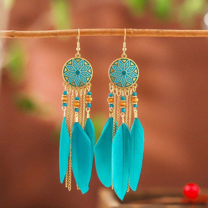 Bohemian Long Sun Flower Feather Earrings for Women Trendy Ethnic Retro Gold Color Chain Tassel Earring Wedding Vacation Jewelry