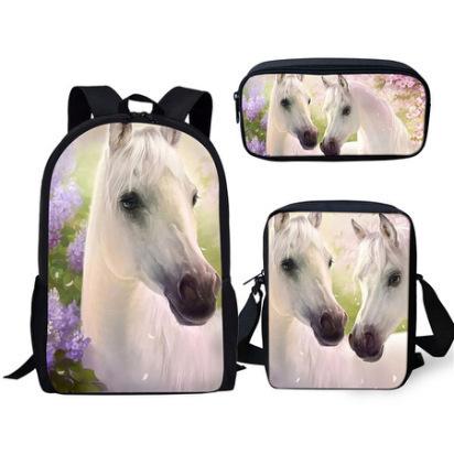 Grasland Pferdemuster dreiteiliges Rucksack-Federmäppchen-Umhängetaschen-Set lässig 3D-bedrucktes Rucksack-Set