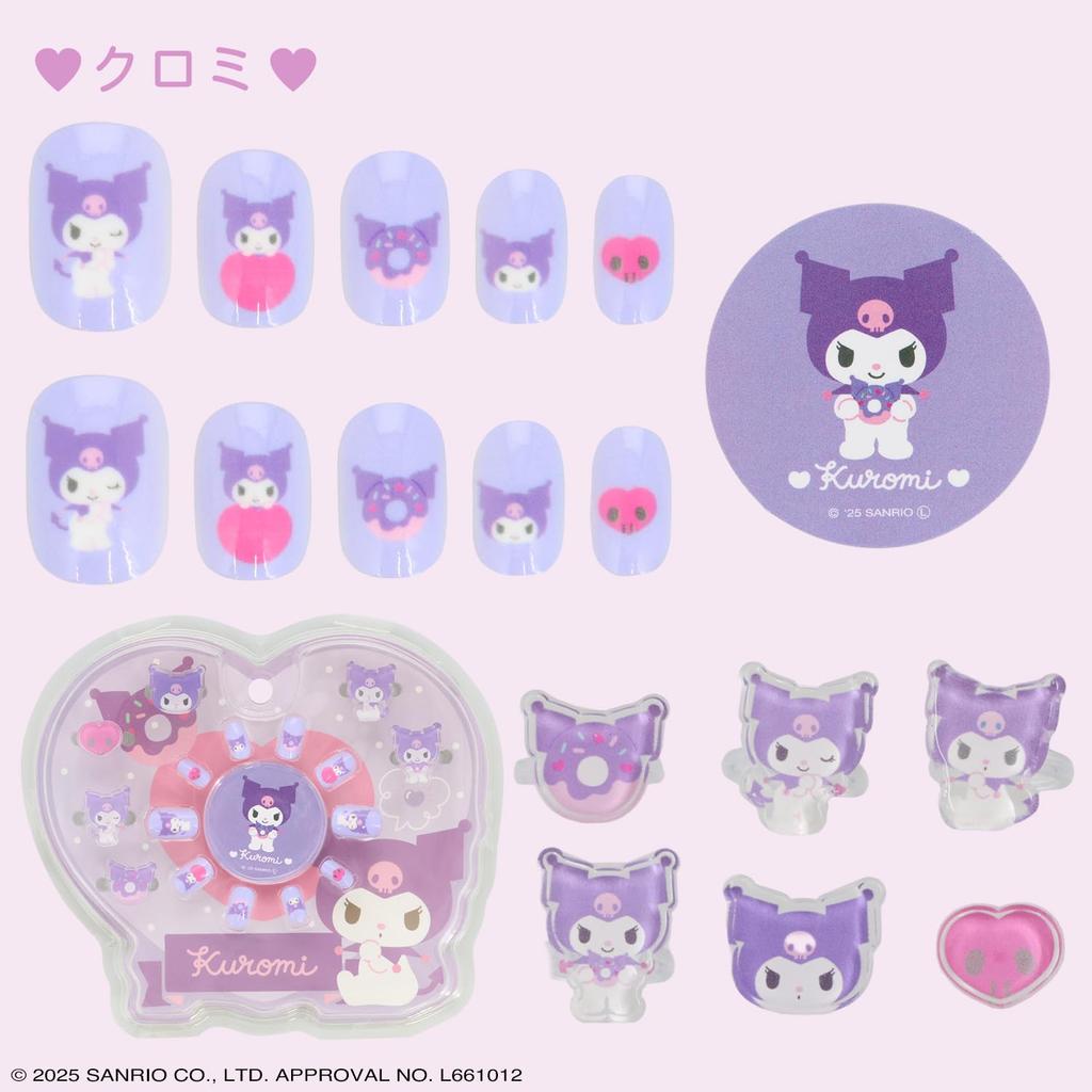 Shobido Sanrio Characters Nail Tip & Ring Set: 10 Nail Tips, 6 Rings, and 1 Sticker (Kuromi)