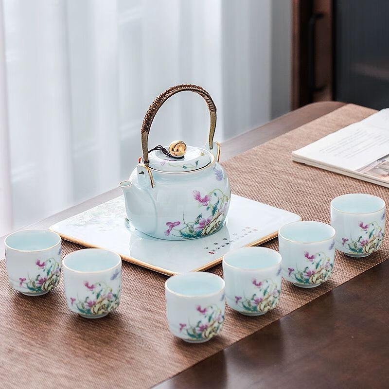 Nordic Style Ceramic Tea Set Overhead Handle Teapot - Flower Butterfly Style