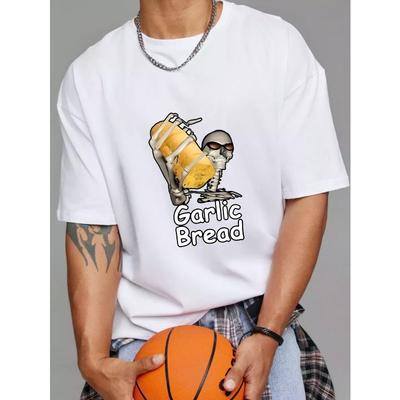 Garlic Bread T Shirt White Skeleton Holding Garlic Bread Graphic and Text Casual Wear for Men and Women