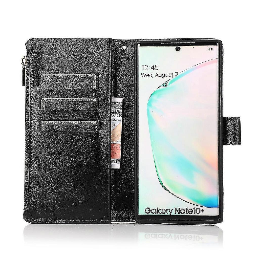 Wallet Case For Samsung Galaxy Note 10 Plus Zipper Purse With 9 Card Holder Slot,wristlet,stand,magnetic Flip Leather Case Cover Black
