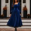 Women Blue Velvet Square Neck Long Sleeve Midi Dress Vintage Elegant Lace Trim Swing Dress