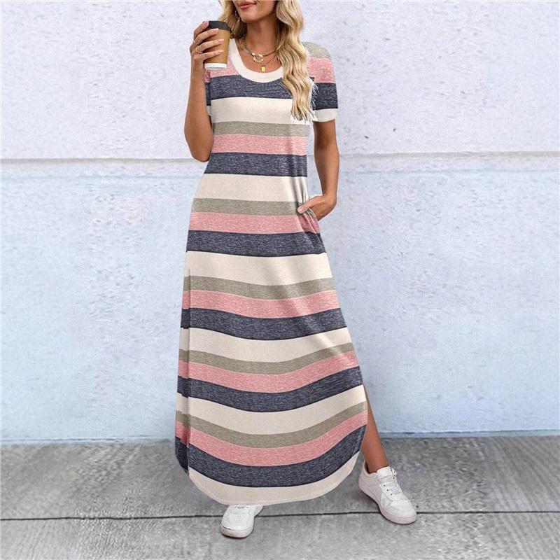 Women Short Sleeve Long Dress With Pockets Casual Oversized Round Neck Beach Dress Female Split Loose Fit Summer Dress Vestidos