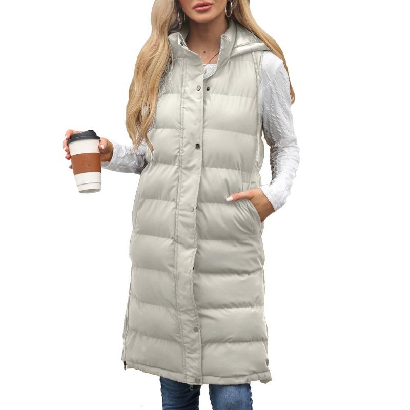 

Autumn and winter new women s hooded sleeveless vest long solid color zipper padded thickened coat women s clothing 5XL