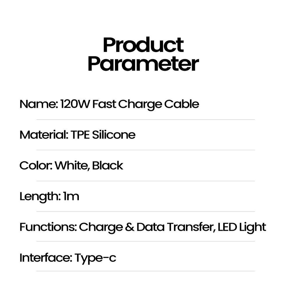 High Quality Universal 120W Type C Cable with LED Light Quick Charge Charging Cable 1M USB C Data Line