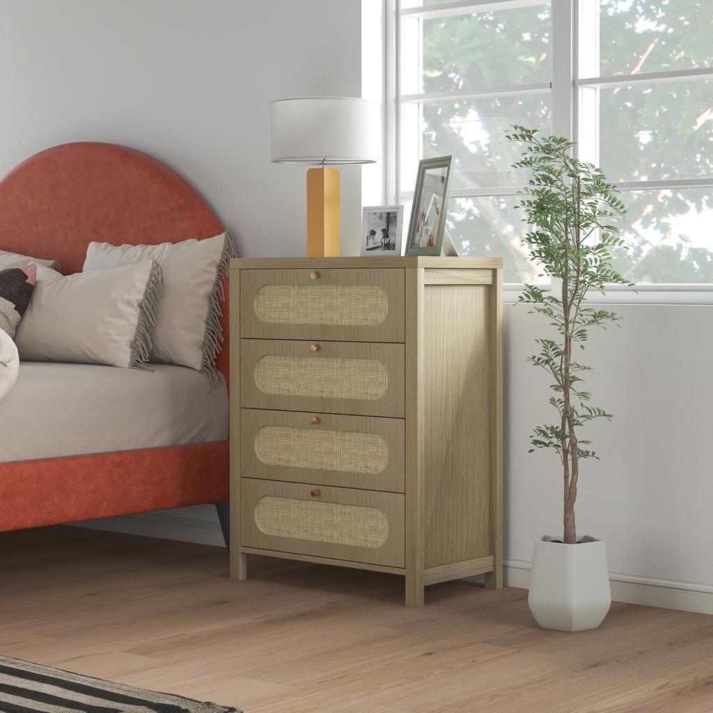 Ladekast met 4 lades, opbergmeubel in bohemienstijl met deuren van gevlochten hars, 70 x 38 x 93 cm, effect van natuurlijk hout