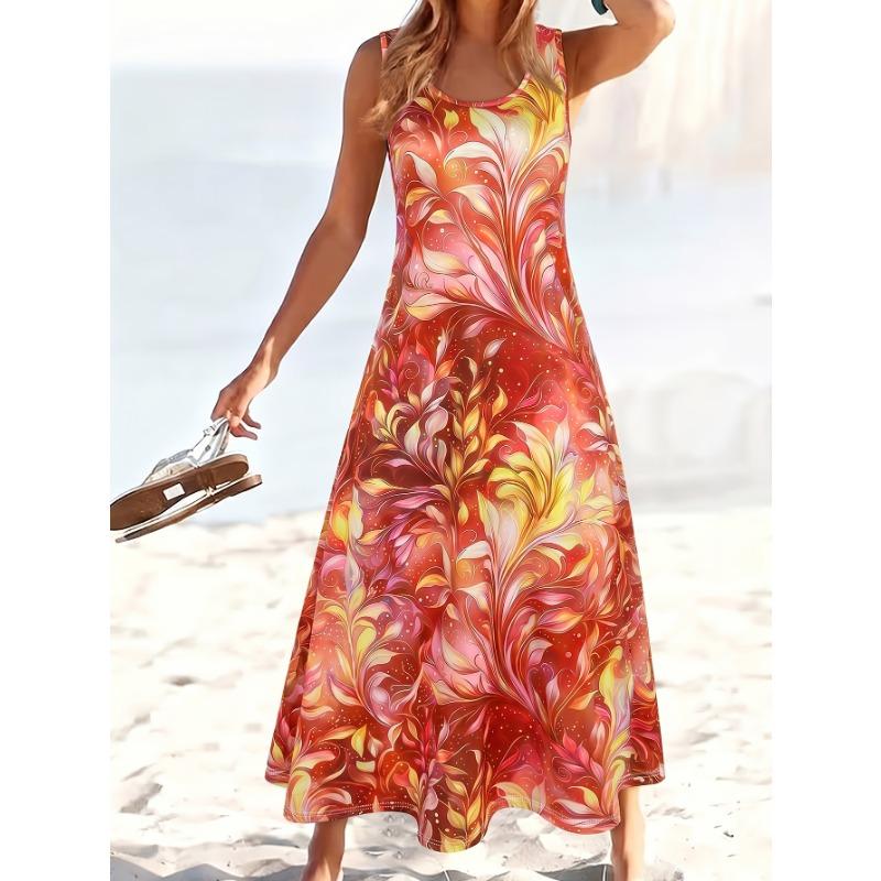 Dresses for Woman Vest Dress Beach Holiday Round Neck Sleeveless A-Line Long Skirt Starry Iridescent Floral Gradient Print