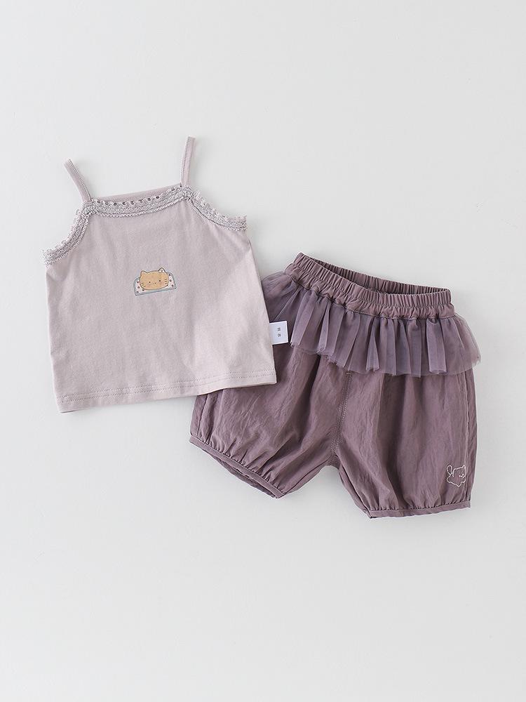 Korean Style Floral Print Camisole & Mesh Pants Set - Summer Outfit for Little Girls