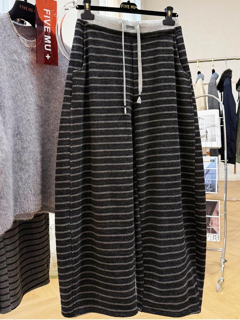 Plus Size Elastic Waist Striped Sweatpants for Autumn & Winter - Velvet, Loose Fit