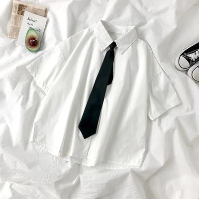 Koszule damskie do biura w kolorze białym, letnie, w stylu japońskim, na co dzień, w stylu college'u, z krótkim rękawem, z kołnierzykiem w dół i krawatem, uniwersalne bluzki
