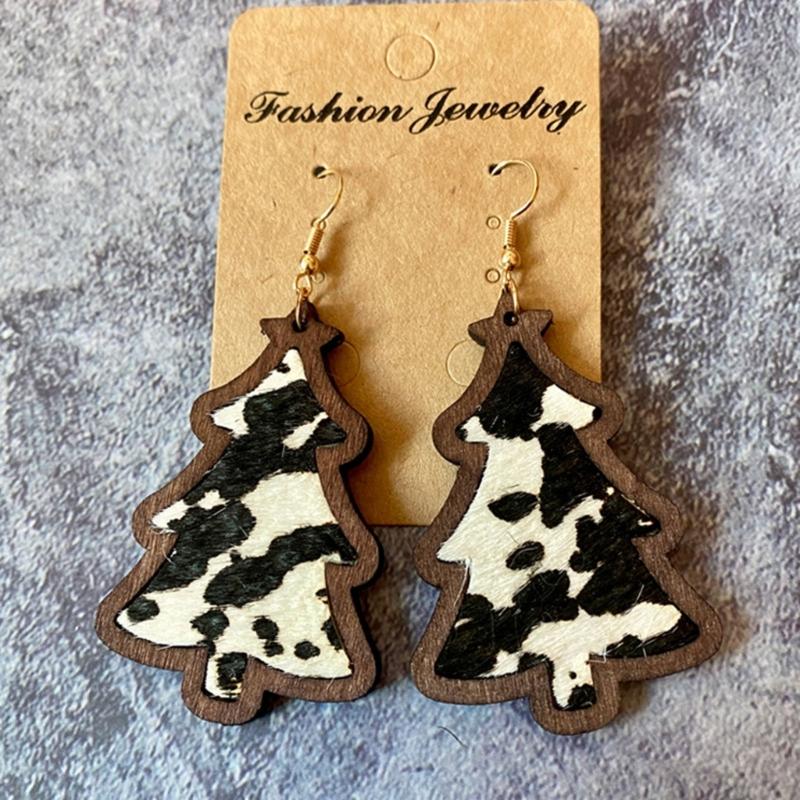 Wood Christmas Tree Dangle Earrings Women Leopard Grow Print Genuine Leather Christmas Earring New Year Ear Jewelry Gift
