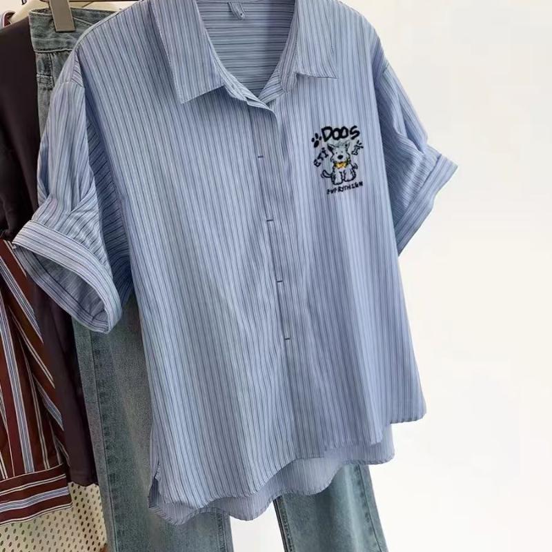 Ladies Dog Embroidered Solid Color Striped Shirts French Leisure Lapel Women's Short Sleeved Blouses Summer Casual Single Breasted Female Top