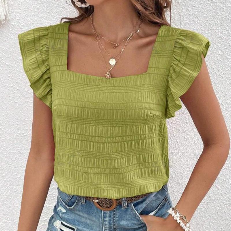 Spring and Summer New Square Neck Ruffled Women Shirt Tops Elegant Slim Fit Solid Flying Sleeve Blouse Women Loose Casual Shirts Female Clothing 26486