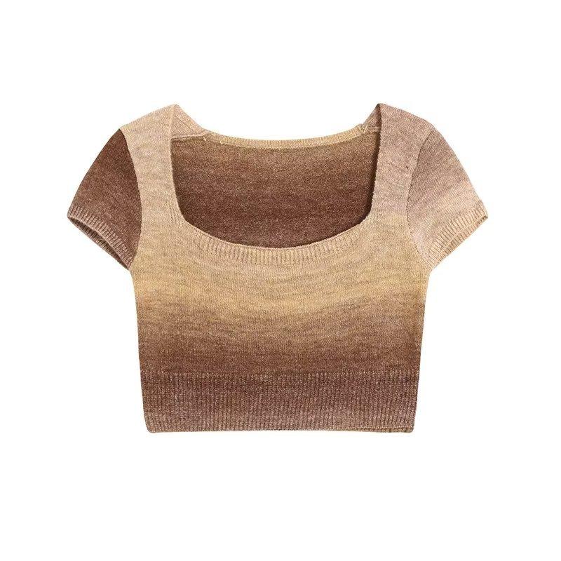 

2025 Градиентный цвет Квадратный вырез Короткий рукав Европейский и американский стиль Женская одежда Новый стиль Открывающий пупок Модная футболка Топ M коричневый