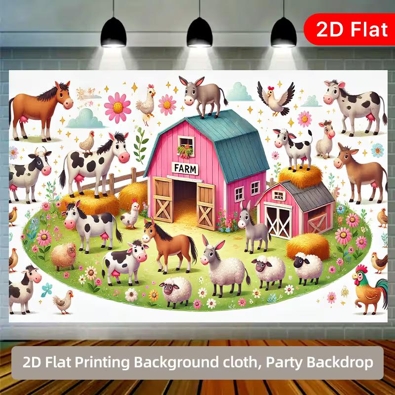 2D Toddler Farm Party Backdrop, Colorful Barnyard Animals Background for Photoshoot