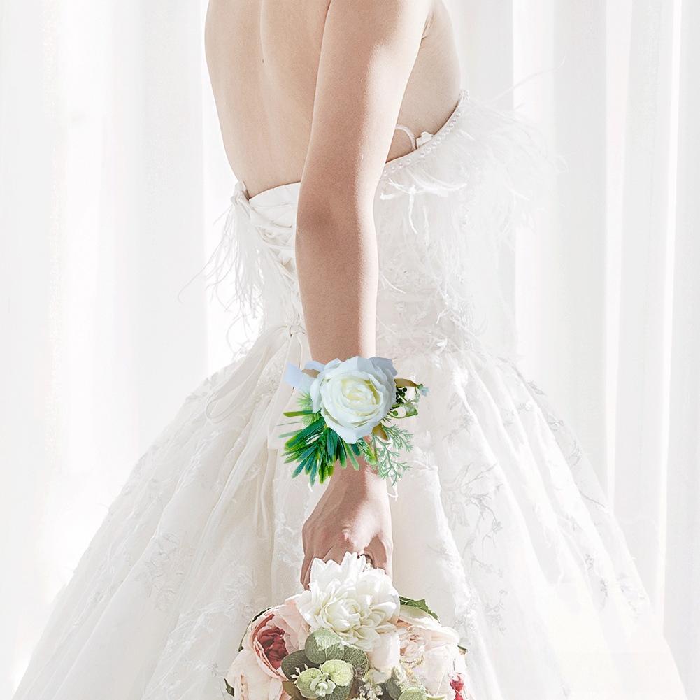 1Pc Simulation Bridesmaids and Groomsmen Wedding White Rose Green Plant Corsage Wrist Flower