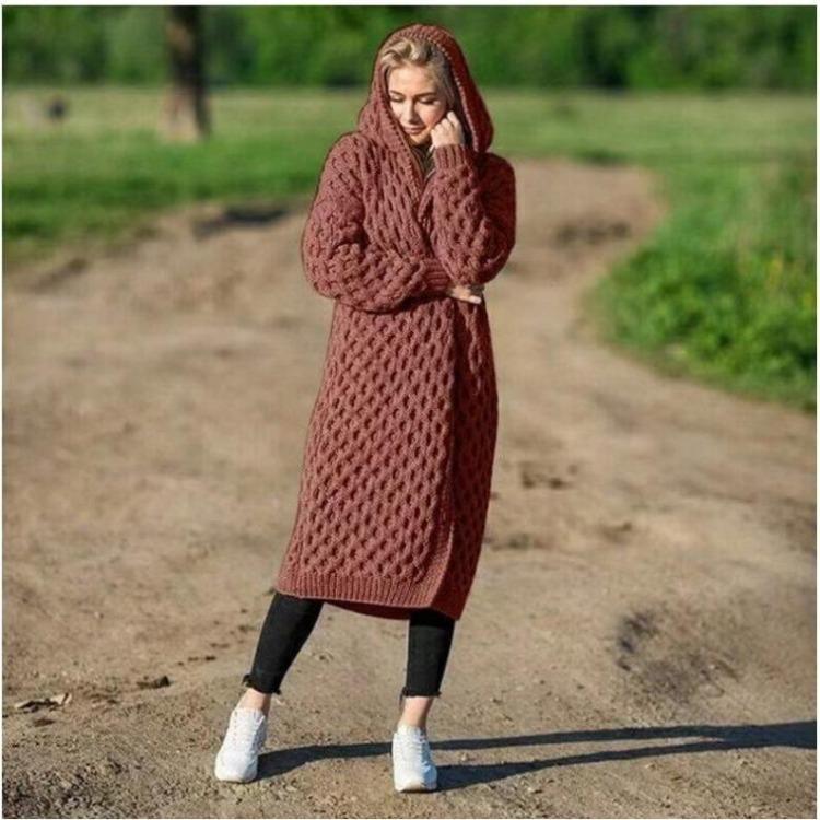 

Новий жіночий однотонний довгий в язаний кардиган з капюшоном, теплий XXL червоний