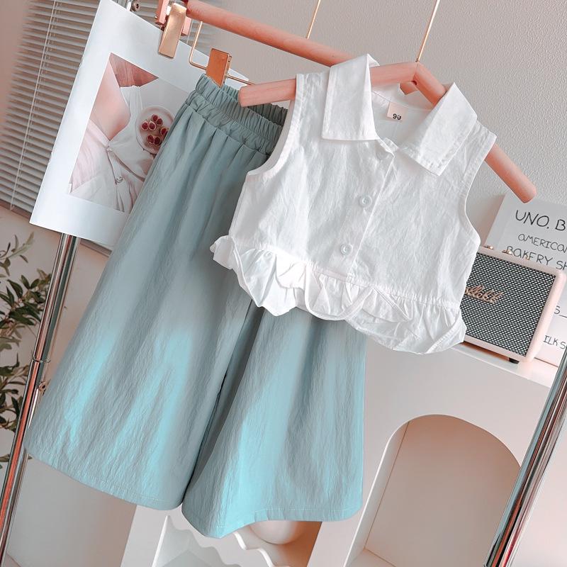 Girls' Summer Flutter Sleeve Top & Wide-Leg Pants Set - New Fashion Design (AXA736)