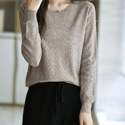 Spring and Autumn New Crew Neck Hollow Bottom Shirt Women's Rhombus Loose Large Size Knitted Sweater Wear Long Sleeve Top