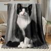 Newest Black And White Tuxedo Cat Realistic Portrait Flannel Throw Blanket, Cute Pet Cat Blanket for Cat Lover Bedroom Sofa