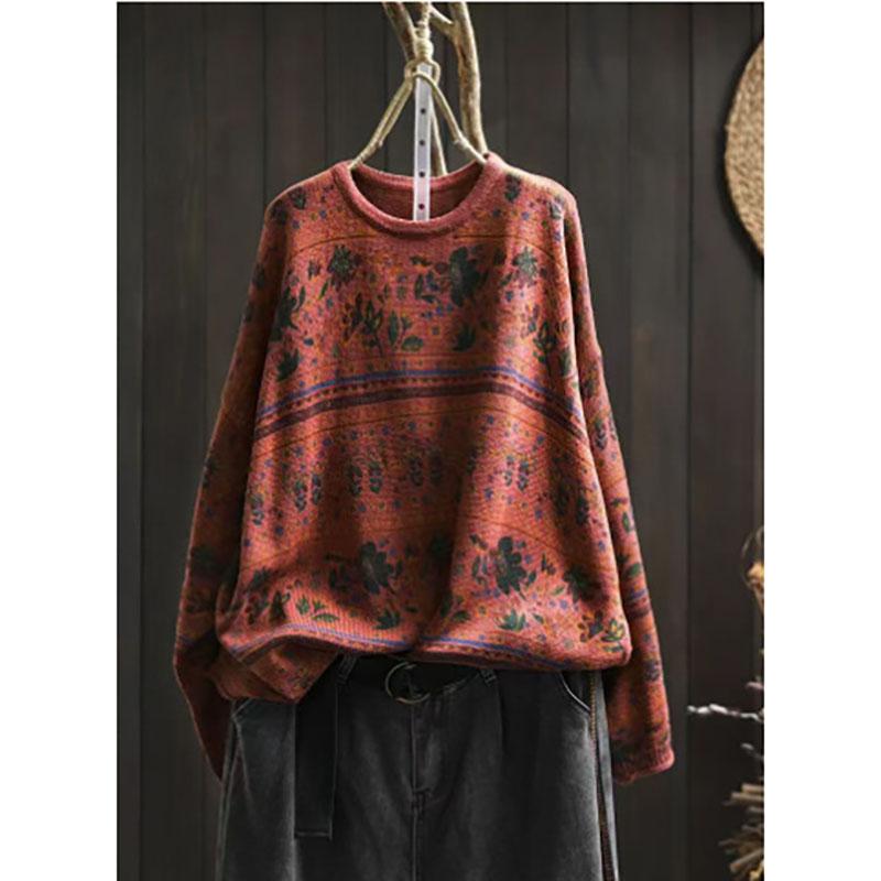 

Женский Осенне-Весновой Винтажный О-Образный Вырез Повседневный Свободный Ретро Свитер Длинные Рукава Принт Свитер One Size оранжевый