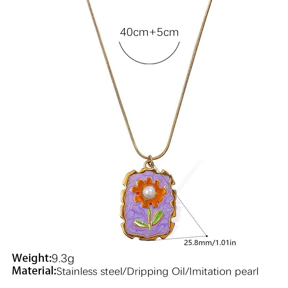 Dripping Oil Stainless Steel Chain Necklace Flower Clavicle Chain Sunflower Enamel Necklace  Women