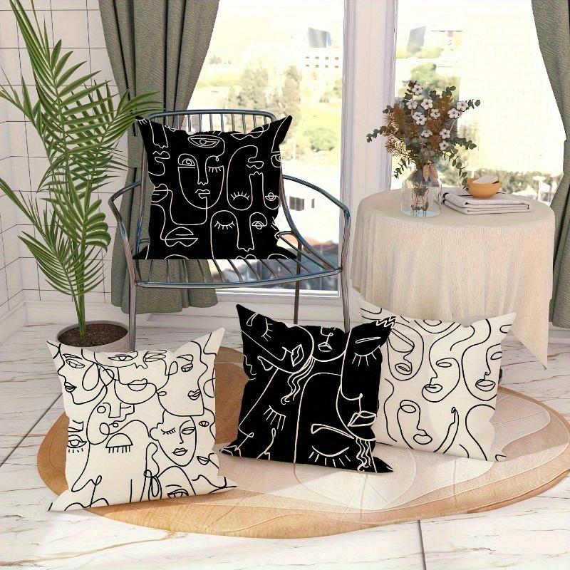 4Pcs Abstract Face Line Art Pillowcase Modern Black And White, Zipper Polyester Fiber Sofa And Bedroom Decorative Pillowcase, Ma