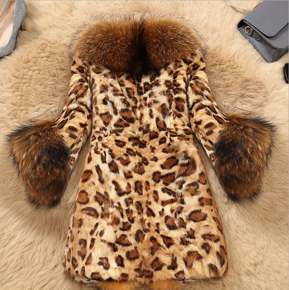 Autumn and Winter Imitation Fur Coat Women's Medium and Long Leopard Print Imitation Raccoon Fur Collar Thermal Coat Fur