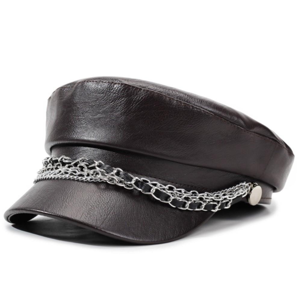 PU Leather Beret Hat Silver Chain Decor Octagonal Beret Cap Vintage Peaked Hat  Autumn Winter