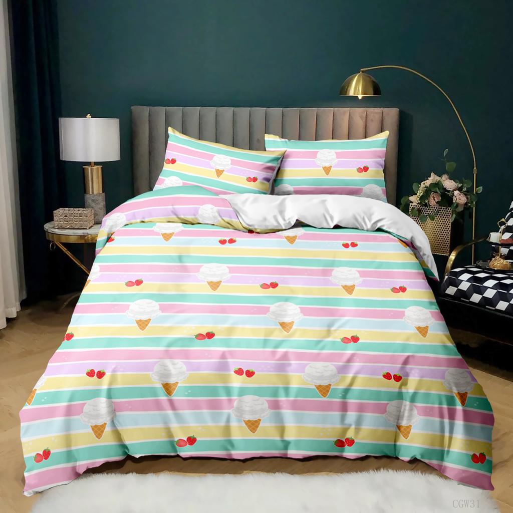 Ice Cream Duvet Cover Set Colorful Ice Cream Sweet Style Bedding Set for Boys Girl Microfiber Summer Queen King Size Quilt Cover